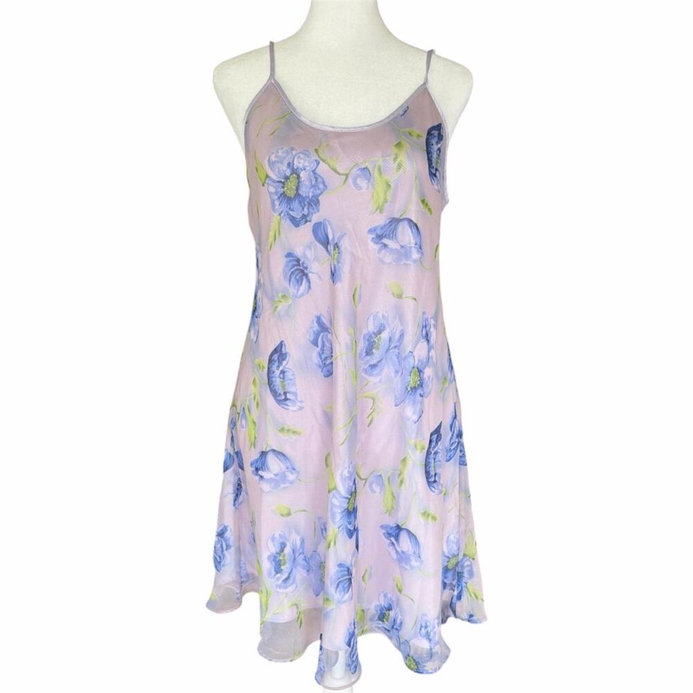 Vintage Valerie Stevens blue floral slip dress with green stems, size S